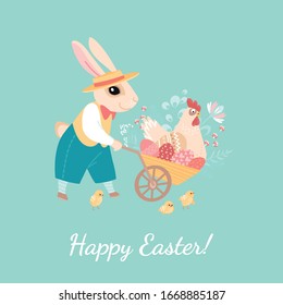 Easter greeting card with a rabbit carrying a wheelbarrow with flowers, chicken and painted eggs. Cute cartoon vintage  character