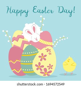 Easter greeting card with rabbit, chicken, egg. Vector illustrations for a poster, card, invitation or banner. Congratulations on the holiday. Religious holiday vector illustration. Happy Easter