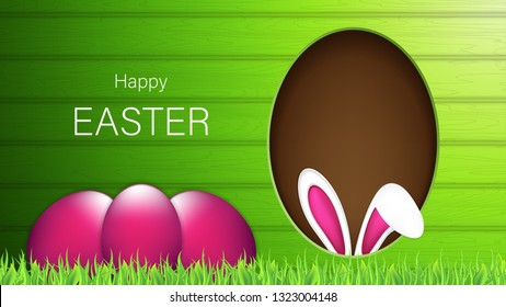 Easter greeting card with rabbit ears and pink eggs.Holiday vector illustration