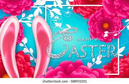 Easter greeting card with rabbit ears and flowers. Happy Easter lettering, colorful background, cute bunny. Handdrawn elements, vector illustration.