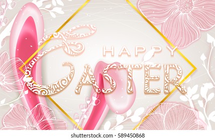 Easter greeting card with rabbit ears and flowers. Happy Easter lettering, colorful background, cute bunny. Handdrawn elements, vector illustration.