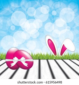 Easter greeting card with rabbit ears and pink eggs.Holiday vector illustration.