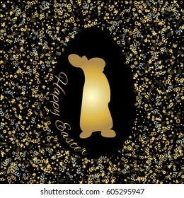 easter greeting card with rabbit in egg silhouette on floral background made of flowers and leaves with greeting text