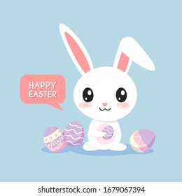 Easter greeting card with rabbit and eggs on blue background