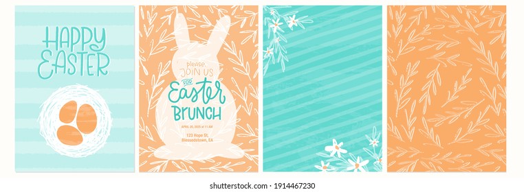 Easter Greeting Card With Rabbit And Eggs In Cyan And Orange Colours. Easter Brunch Invitation And Floral Background With Diagonal Stripes Vector Set For Christian Holiday Party.