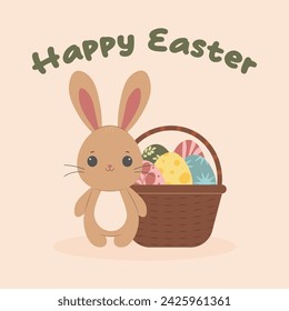 Easter greeting card. Rabbit, Easter eggs and basket. Vector illustration.