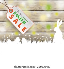 Easter greeting card with rabbit, eggs and lights on the wooden background. Eps 10 vector file.