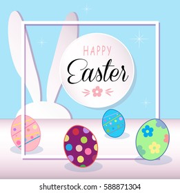 Easter greeting card. Easter rabbit, eggs and frame. Abstract background.