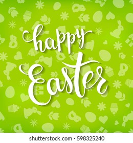 Easter greeting card with   rabbit,  eggs and original handwritten text Happy Easter. Vector illustration for posters, greeting cards, print and web projects.