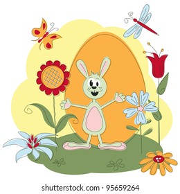 Easter greeting card with rabbit and flowers