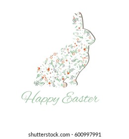 easter greeting card with rabbit made of flowers and leaves with greeting text