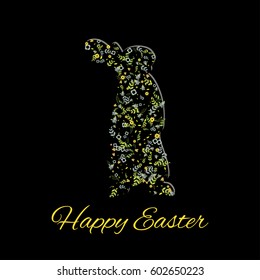 easter greeting card with rabbit made of flowers and leaves with greeting text