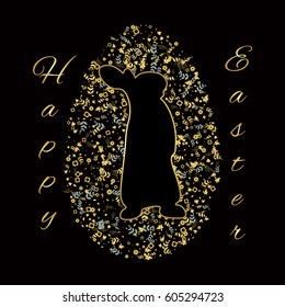 easter greeting card with rabbit made of flowers and leaves in the center of floral egg with greeting text