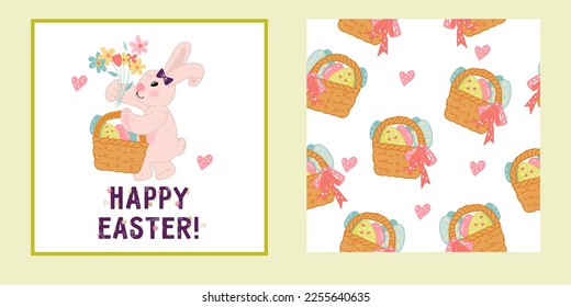 Easter greeting card with rabbit and matching seamless pattern, hand drawn vector illustration. Easter decorative spring set for holiday wrapping and design.