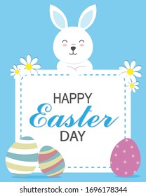 Easter greeting card. Rabbit with poster. Space for text	
