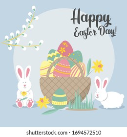 Easter greeting card with rabbits, egg basket, flowers. Religious holiday vector illustration for a poster, card, invitation or banner. Congratulations on the holiday. Happy Easter