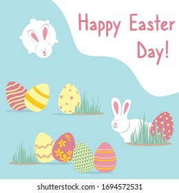 Easter greeting card with rabbits, egg. Vector illustrations for a poster, card, invitation or banner. Congratulations on the holiday. Religious holiday vector illustration. Happy Easter