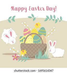 Tarjeta de saludo de Pascua con conejos, cesta de huevos, flores. Ilustraciones vectoriales para un afiche, tarjeta, invitación o banner. Felicitaciones por la fiesta. Ilustración vectorial de festividades religiosas.