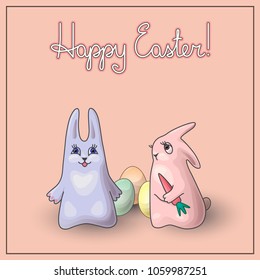 Easter greeting card with rabbits and eggs.