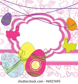 Easter greeting card with rabbits and eggs
