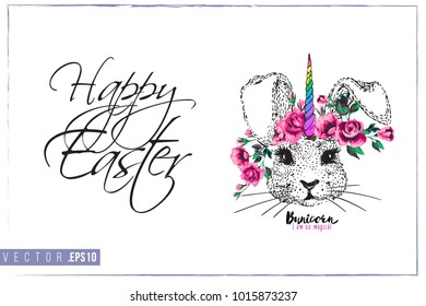 Easter greeting card with rabitcorn (rabbit unicorn) and text: happy Easter. Hand drawn illustration with paschal lettering. Spring poster for pre-Easter and post-Easter congratulations.