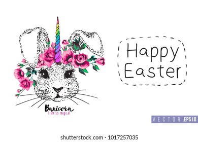 Easter greeting card with rabitcorn (rabbit unicorn) and text: happy Easter. Hand drawn illustration with paschal lettering. Spring poster for pre-Easter and post-Easter congratulations.