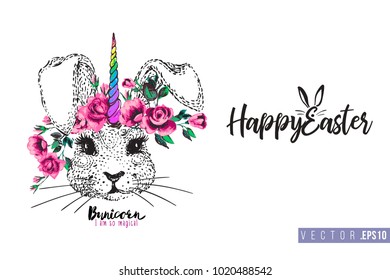 Easter greeting card with rabitcorn (rabbit unicorn) and text: happy Easter. Hand drawn illustration with paschal lettering. Spring poster for pre-Easter and post-Easter congratulations.