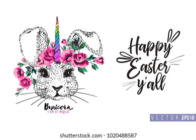 Easter greeting card with rabitcorn (rabbit unicorn) and text: happy Easter. Hand drawn illustration with paschal lettering. Spring poster for pre-Easter and post-Easter congratulations.