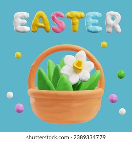 Easter greeting card, realistic 3D vector illustration. Cute poster for spring design. Cartoon basket of flowers and lettering on blue. Decoration element in plasticine art. Colorful holiday template.