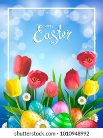 Easter greeting card with realistic glossy 3D eggs, red and yellow flowers tulip and daisy. Inscription Happy Easter. Blue sky background. Template for cards, banners, posters, calendars, invitations.