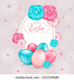 Easter greeting card with realistic glossy 3D eggs, decorative roses flowers and hand drawn graphic elements. Inscription Happy Easter. Template for cards, banners, posters, calendars, invitations. 