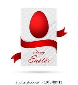 Easter greeting card with red ribbon and egg. Vector illustration. Festive greeting postcard with the inscription Happy Easter