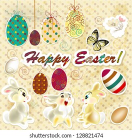 Easter greeting card in retro style with eggs and hares