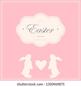 Easter greeting card in retro style. Background with rabbits (bunny) and painted Easter eggs in cute pastel shades