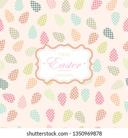 Easter greeting card in retro style. Background with rabbits and painted Easter eggs in cute pastel shades