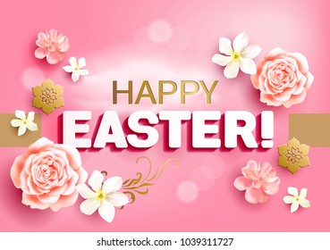 Easter greeting card with roses and daffodils. Vector illustration.