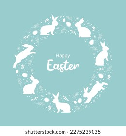 Tarjeta de felicitación de Pascua. Marco redondo con conejillos de Pascua, huevos, flores, hojas y tipografía adentro. Ilustración vectorial en estilo plano