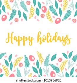 Easter greeting card with seamless floral border - muscari, leaves, eggs and flowers. Perfect for spring holiday invitation.