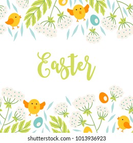 Easter greeting card with seamless floral border - chicken, flowers, eggs and leaves. Perfect for spring holiday invitation.