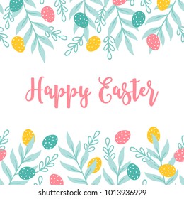 Easter greeting card with seamless floral border - eggs and leaves. Perfect for spring holiday invitation.