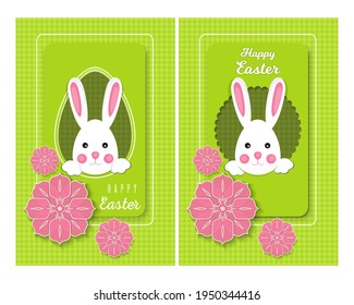 Easter greeting card set with cute bunny with a basket of eggs on a green spring background. Vector illustration