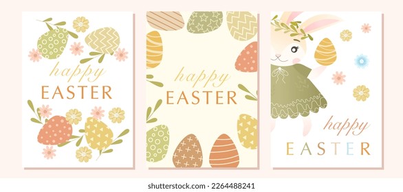 Easter greeting card set with cute bunny character, colored egg, spring flowers, green leaves. Colorful vector templates for social media post, flyer, invitation, poster, postcard, design for children
