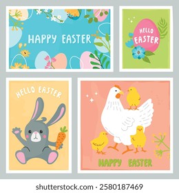 Easter greeting card set with cute rabbit , hen with chicks. Cartoon characters ,eggs and floral composition. Little bunny with a carrot. Print on fabric and paper. Vector flat color illustration.