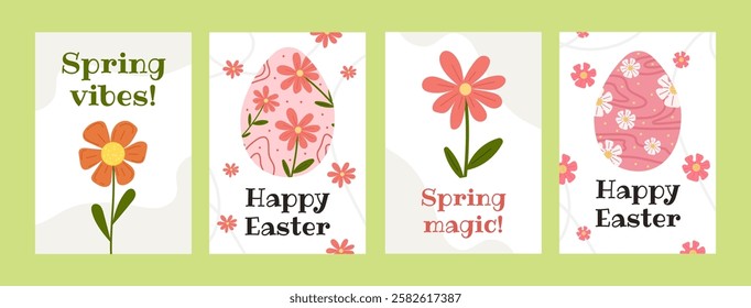 Easter greeting card set designs with festive spring elements - decorated eggs, flowers and elegant typography on white background. Spring illustrations with cute messages in vector flat style. 