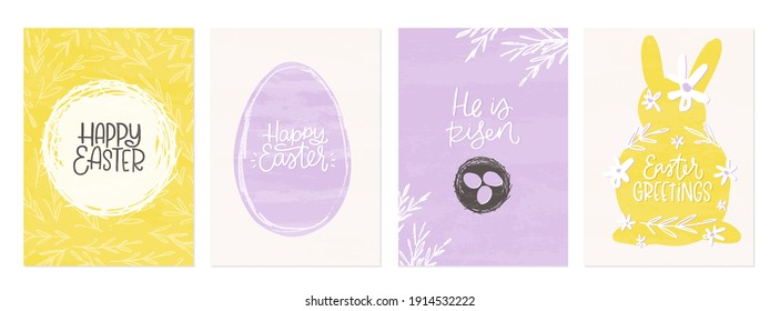 Easter greeting card set with egg and rabbit images. Vector set with rabbit and bird nest frames in spring yellow, gray and pastel lilac colours.