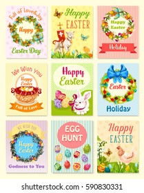 Easter greeting card set. Easter egg, rabbit bunny, chicken with chick, egg hunt basket, Easter wreath of lily and tulip flowers, willow twigs and ribbon, lamb with cross, green grass and butterfly