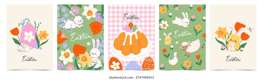 Easter greeting card set with spring hand drawn Easter cake, eggs,  bunny, chicken, sheep, goose, flowers. Modern art template for poster, holiday cover