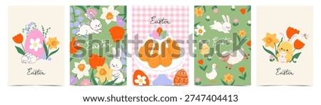 Easter greeting card set with spring hand drawn Easter cake, eggs,  bunny, chicken, sheep, goose, flowers. Modern art template for poster, holiday cover