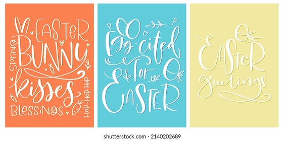 Easter greeting card set. Traditional and wordplay greeting messages in modern calligraphy style. Spring christian holiday phrases with hand-drawn egg, carrot and bunny ears graphic.