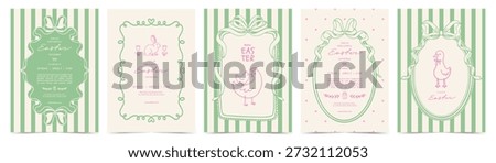 Easter greeting card set in vintage style with whimsical hand drawn goose, chickens, egg, bows, bunny, ribbon frames and typography design. Vector template for invitation, poster, cover, menu